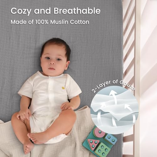 Image of david's kids Muslin Mini Crib Sheets, 2 Pack Cotton Pack N Play Sheets for Boys Girls Neutral, Soft Breathable Baby Sheets Fit Pack N Play, Playard and Mini Crib Mattresses, Beige & Grey