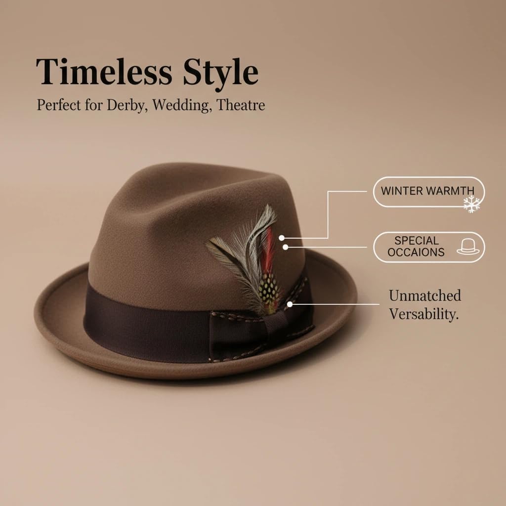 Home Prefer Men's Wool Felt Winter Hat Short Brim Fedora Hat with Feather - Image 4