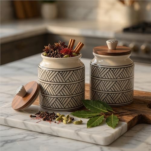Image of Ceramic Jar & Container for Kitchen Storage Set | Multi Utility Air Tight Kitchen Organizer Items | Tea Coffee Sugar Containers with Wooden Lids (Hand-Painted, 460 ML, Pack of 2)