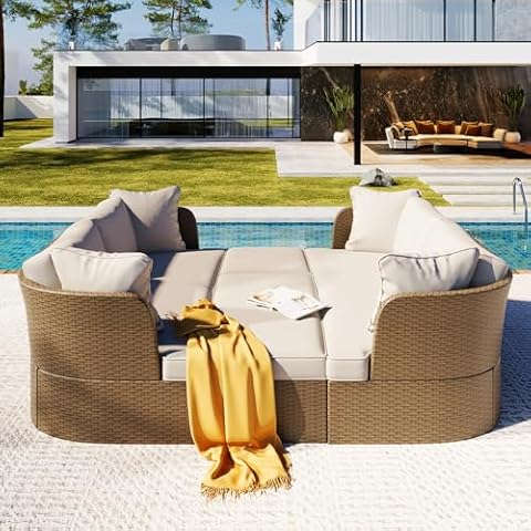 XD Designs 5-Piece Outdoor Patio Daybed Convertible Sofa Set, All-Weather PE Wicker Conversation Set with Washable Cushions and Liftable Coffee Table for Garden Backyard Poolside (Beige+HD) Cover