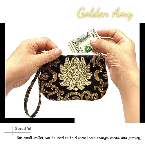 Image of Exquisite Handmade Silk Zipper Jewelry Pouch with Wristlet Strap | Women's Coin Purse Brocade Wallet for Makeup and Gifts, Black