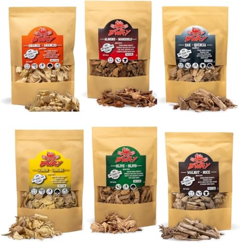 BWAY virutas de Madera para ahumar – Madera Barbacoa para Ahumado de Cerdo, Pescado, Frutas y Verduras – Madera de Ahumado con Aromas de Olivo, Naranjo, Almendro, Limón, Nogal y Roble (6×1 L)