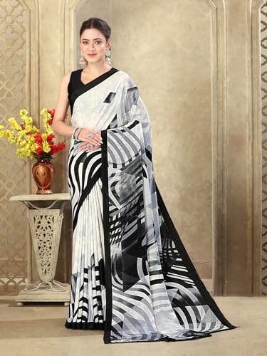 Image of SIRIL Women's Crepe Silk Printed Saree with Unstitched Blouse Piece