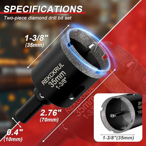 Image of 1-3 /8 Inch Diamond Hole Saw with Pilot Drill Bit 2PCS | Premium Tile Hole Saws Porcelain, Ceramic, Granite, Marble, Glass , 1-3 /8 inch Cutting Depth, Serrated Edge Wet /Dry Use (35mm)