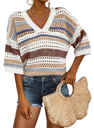 Image of Acelitt Crochet Tops for Women Summer Short Sleeve Sweater | Boho Striped Knit Top, 3 /4 Sleeve, Hollow Out Oversized Sweaters, Lightweight Blouses, Spring Fall Outfits for Beach Vacation
