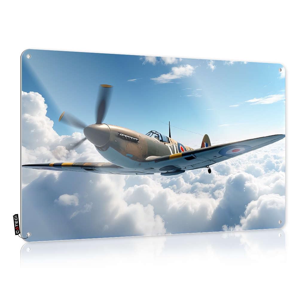 Sujd Colour Clock, Metal Wall Decoration Shop Rules A Vintage Fighter Plane Soars Above The Clouds. | Rustic Classic Wall Art(20X30cm)