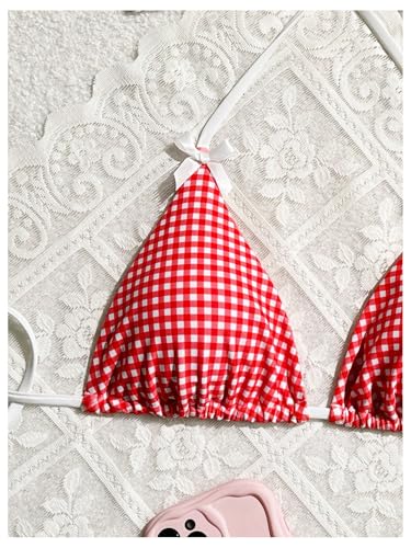 WDIRARA Women's Y2k Gingham Triangle Bikini Tops Micro Halter Swim Top3