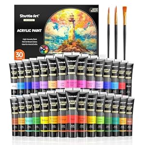 Shuttle Art 30 Colors Acrylic Paint Set, 36ml Tubes with 3 Brushes, Artist Grade Acrylic Paint, for Kids Adults Beginners, Painting on Crafts Canvas Wood Rocks