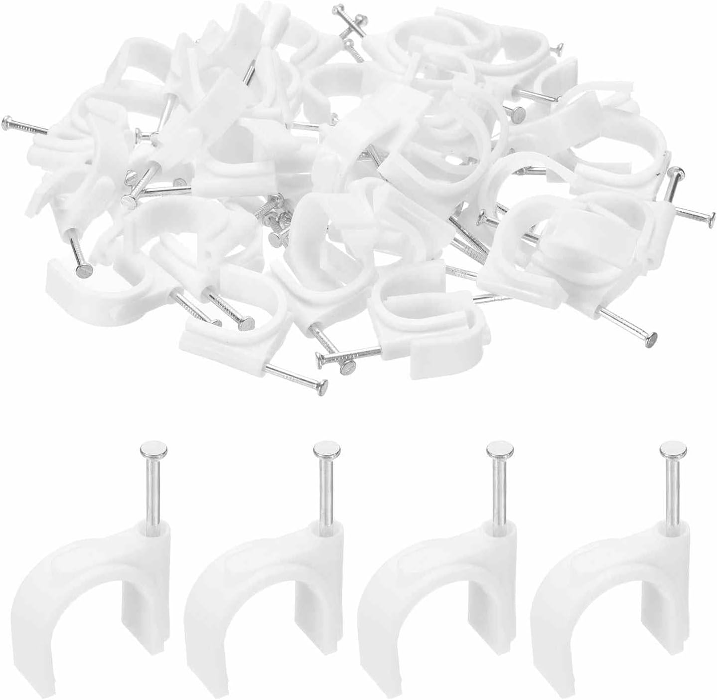 HARFINGTON 100 clips de cable de 0.787 pulgadas con gancho en J de media abrazadera con clavo circular de un solo clavo en clips de alambre de cable