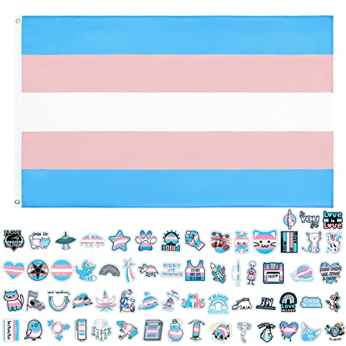 GoldRock Trans Flag Transgender Pride Stickers Set, Trans Flagge 150x90 cm+60 Stück Trans Aufkleber, Packer Transgender Pride Flag, Indoor Outdoor Diverse Urlaubs Party LGBT Flag, Gay Pride Flagge