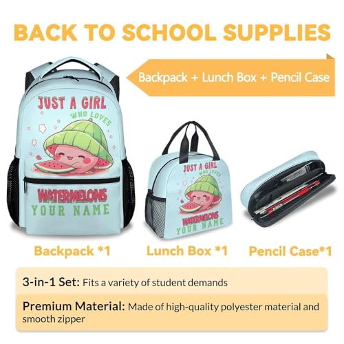 Custom Watermelon Girls Backpack with Lunch Box Set, 3 in 1 School Backpacks Matching Combo, Cute Blue Bookbag and Pencil Case Bundle3