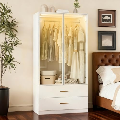 FOERPL Moderner Kleiderschrank Weiß mit LED-Licht &...