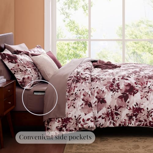 CASAAGUSTO Full Comforter Set, 7 PCS Purple Willow Leaf Floral Comforter Set with Flowers Leaves Pattern, Soft Seersucker Design All Season Full Size Bedding Set(80"X90")