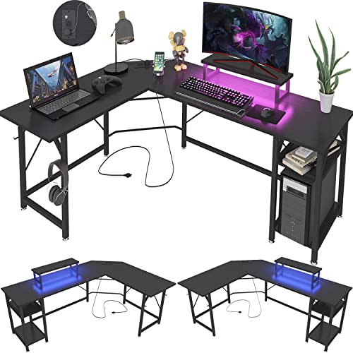 SZXKT L Shaped Desk with Monitor Stand and Power Outlets,Gaming Desk with Storage Shelf and LED Lights,Home Office Reversible Corner Computer Desk with Hooks (Black) SZXKT L Shaped Desk with Monitor Stand and Power Outlets,Gaming Desk with Storage Shelf and LED Lights,Home Office Reversible Corner Computer Desk with Hooks (Black)