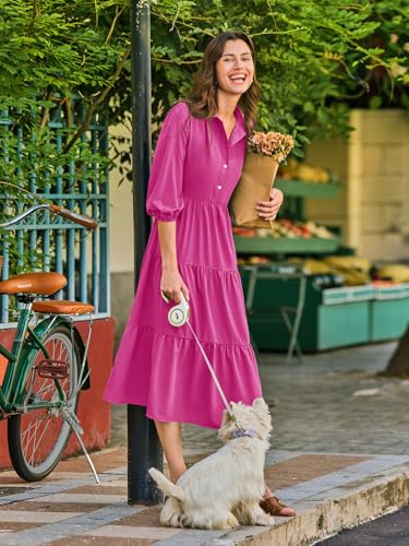 Image of Wenrine Womens Casual 3 /4 Sleeve Shirt Dress Button Down V Neck Tiered Collared Flowy Maxi Dress