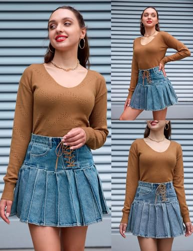 Image of Zeagoo Womens Sweaters Fall Trendy Casual Long Sleeve Shirt Lightweight V Neck Off Shoulder Crochet Pullover Top Outfit