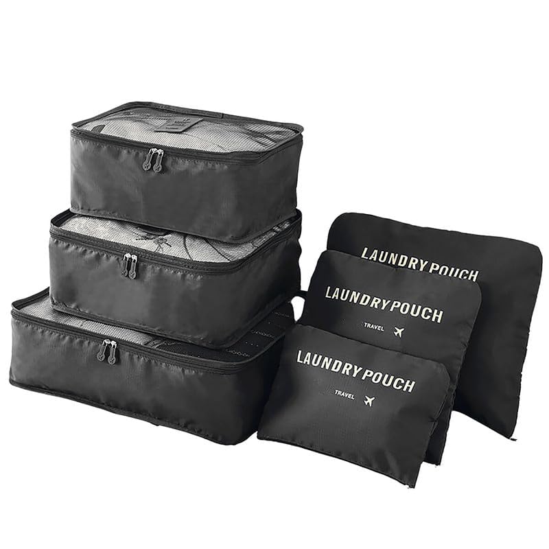 Image of 6 in 1 Polyester Secret Pouch Travel Bag Packing Cubes Laundry Bag with Undergarments & Cloth Storage Organizer Travelling Set /Suitcase Cloth Cube Bag (BLACK 6 in 1 Travel Bag)