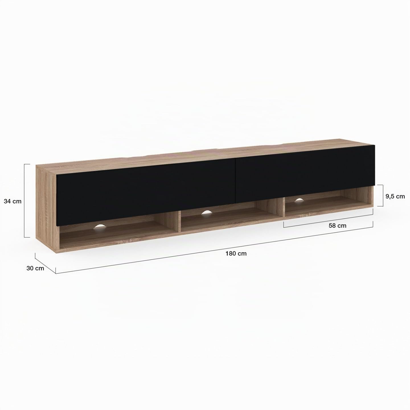 IDMarket - Mueble TV suspendido ELIO con estante de 2 puertas en madera y negro 180 cm