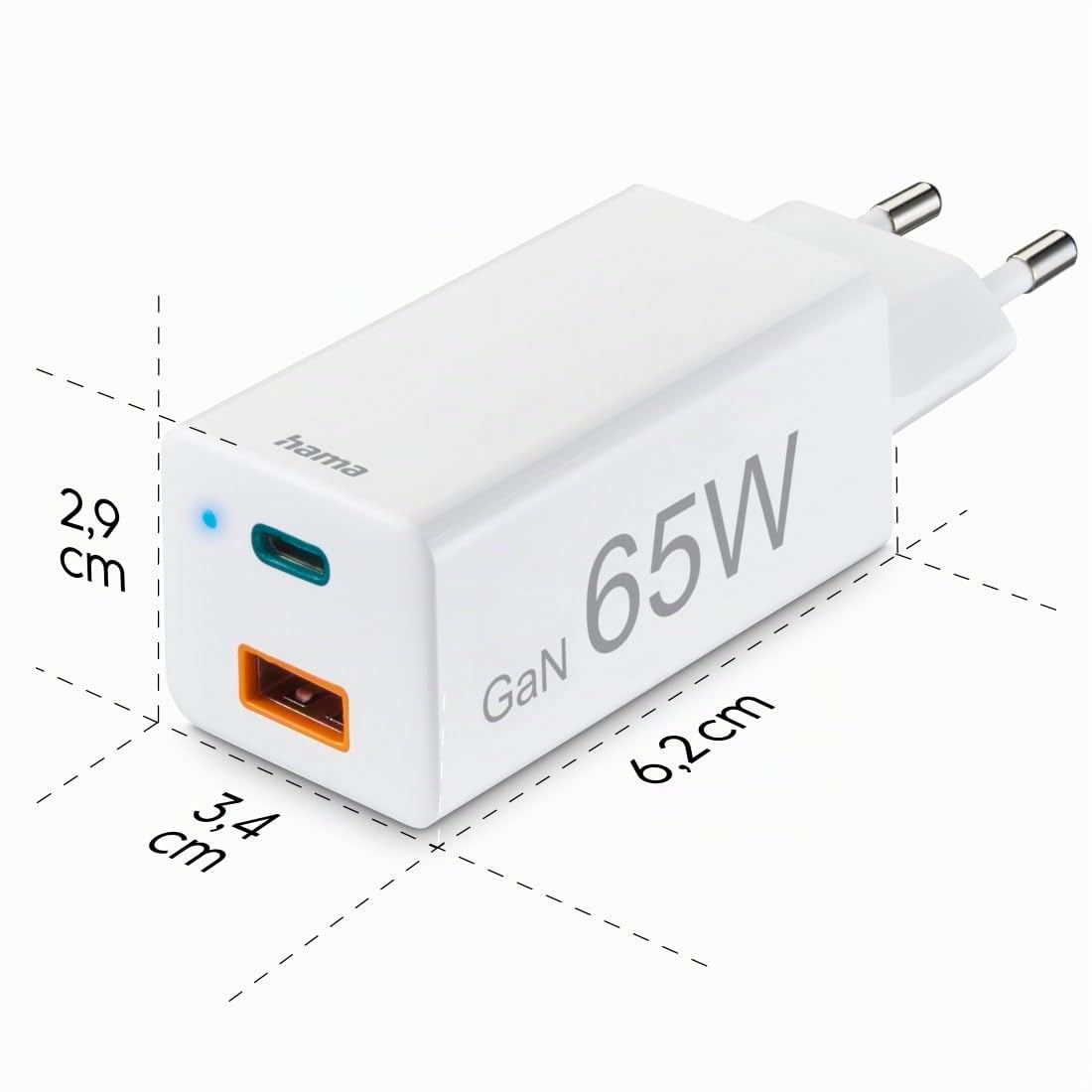 Hama Caricatore USB-C da 65 W (alimentatore di rete a 2 porte USB C + USB A, caricatore rapido con Quick Charge 3.0 e Power Delivery, caricatore USB con tecnologia GaN, caricatore universale per