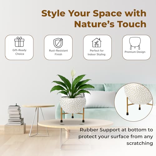 Image of Natural Earth Metal Flower Vase Planter Pot with Iron Stand | Decorative Plant Cachepot for Indoor & Outdoor Use | Succulent Pot for Home & Garden Decor (White Golden Wave)