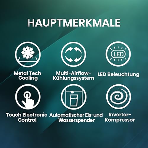 Hisense RS818N4TFE Side-by-Side Kühl-Gefrierkombination /179 cm/Inverter Kompressor/Total NoFrost/Multi Air Flow/Wasserspender mit Wassertank/Kühlteil 417 l/Gefrierteil 215 l/schwarz