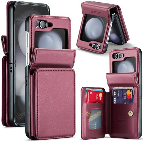 Samsung Galaxy Z Flip 5 Case,RFID Blocking PU Leather Wallet Case with Card Holder Kickstand Slim Hard Shockproof Back Case for Galaxy Z Flip 5 5G 2023 (Red)