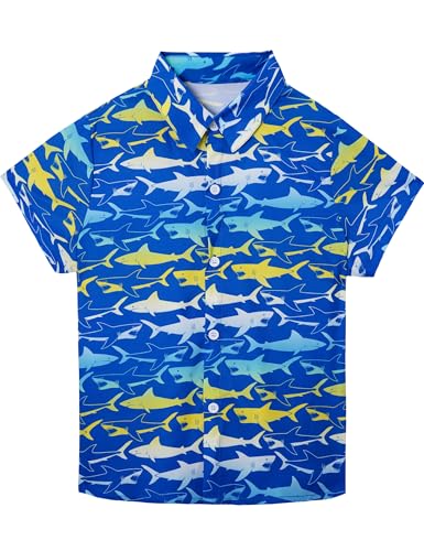 Image of Boys Hawaiian Shirt Kids Button Down Aloha Beach Hawaii Tops 5-14Y | Quick Dry, Breathable, Cooling & Lightweight, For Summer Vacation Holiday, Fourth of July, Youth, Teen, Shark, Dinosaur