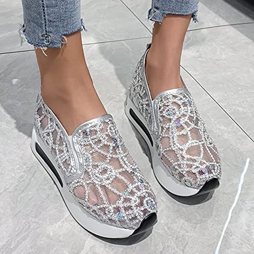 Platform Wedge Sneakers for Women 2025 Fashion Embroidery Floral Mesh Breathable Chunky Wedge Flatform High Heels Slip On Sneakers Comfortable Non-Slip Walking Tennis Jogging Shoes4