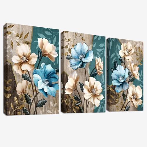 3Pcs Fiori di loto botanici Stampa su tela Con Cornice Vintage Beige Blu Floreale Pittura Quadri su tela Quadri Moderni Bagno Camera da Letto Soggiorno Decorazioni Murale 90x40cm(12'x16'x3pcs)