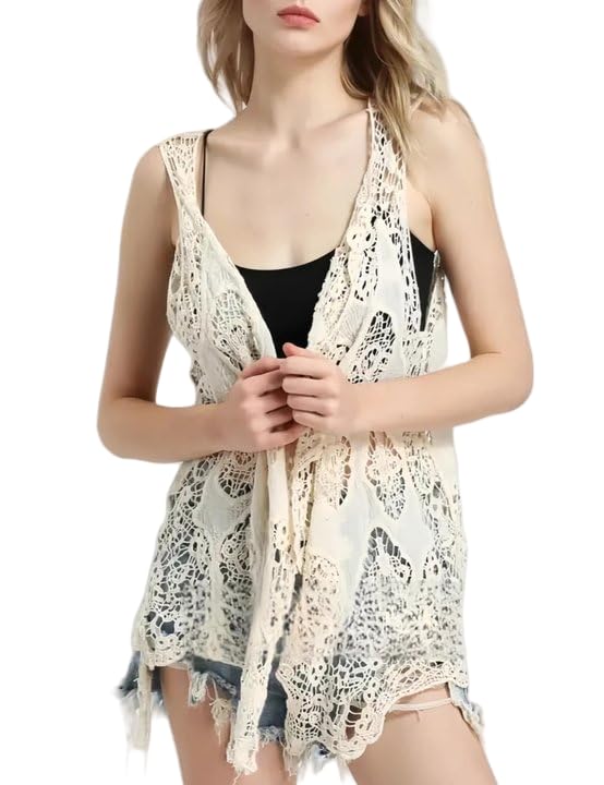 Image of Women's Floral Crochet Vest Hollow Out Open Front Vintage Boho Lace Button Sleeveless Crochet Cardigan