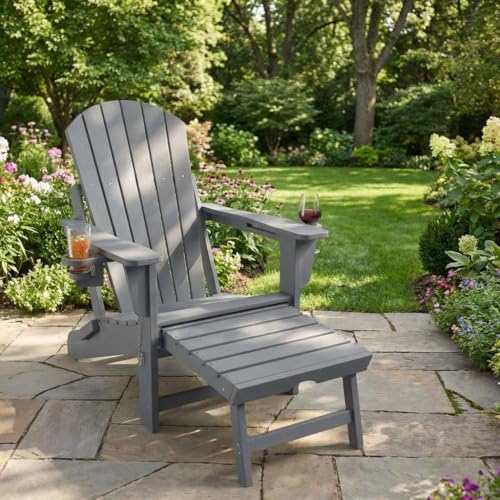 Adirondack Rocking Chair for Garden, All-Weather HDPE Outdoor Patio Rocker with Retractable Footrest & Cup Holder, Heavy Duty Folding Lounger, Ideal for Deck & Porch Ultimate Relaxation - Grey