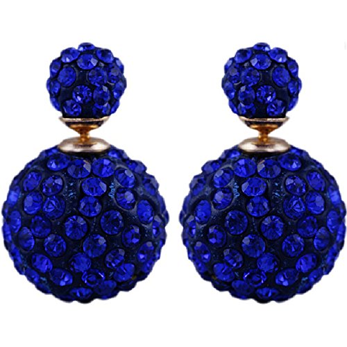 Cute Fashion Double Sided Ball Imitation Crystal Diamond Rhinestone Pearl Studs Sparkling Earring Locking Set,Deep Blue