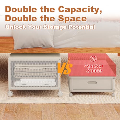 Image of 2 Pack Under the Bed Storage Containers,12 inch Height Under Bed Shoe Storage,31inch Long Underbed Storage with Wheels,Large Rolling under bed Clothes Storage Drawers with Lid for Dorm Tall,Ivory