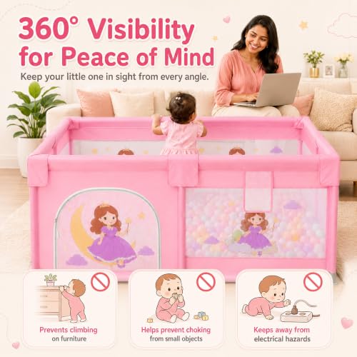Image of Dawnwake Large Playpen 150 x 180 cm for Toddlers & Kids up to 5 Years with Pit Balls and Anti-Fall Grasp Rings, Playard with Safety Lock & Suction Cup (No Mat, Non-Foldable) (150x180cm Pink)