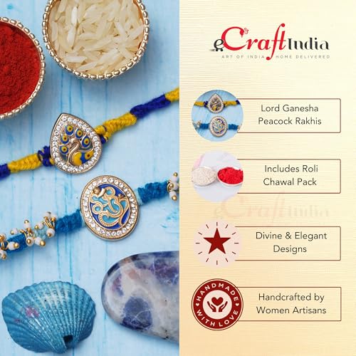 Image of eCraftIndia Set of 2 Lord Ganesha & Beautiful Peacock Rakhis, Best Bro Ever Fridge Magnet with Roli Chawal Pack - Rakhis for Brother, Bhabhi, Kids