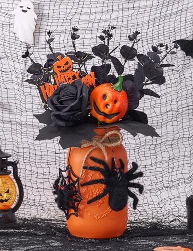 KIVIVO Halloween Table Decor, Centerpieces for Tables with Mason Jar, Black Fake Flowers, Pumpkin, Fake Spiders, Cobweb, Halloween Table Centerpiece Decorations Indoor, Tabletop Home Decor