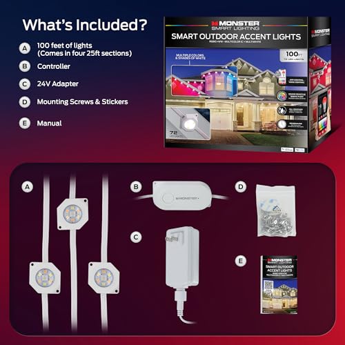 Image of Monster Smart Permanent Outdoor Lights, 100ft, 72 LED Eaves Lights, RGB+IC+WW, Weather & Water Resistant, App & Voice Control, Compatible with Alexa and Google, for Patios, Gardens & Year-Round Use