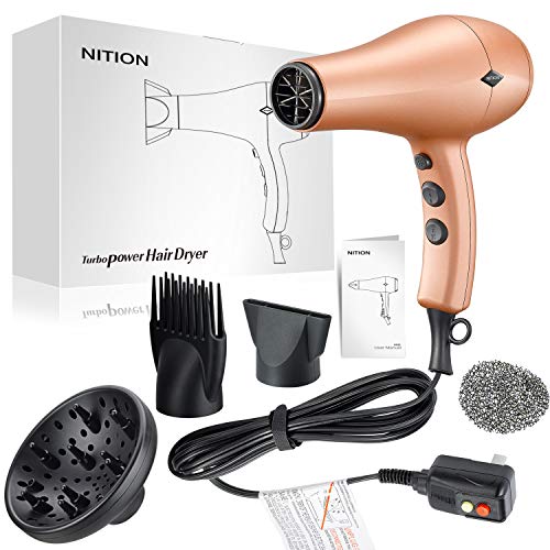 Nition Negative Ions Ceramic Hair Dryer With Diffuser Attachment Ionic Blow Dryer Quick Drying,1875 Watt 2 Speed / 3 Heat Settings,Cool Shot Button,Lightweight,Champagne Gold #TOP6
