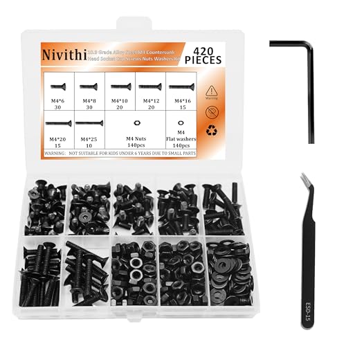 Nivithi M4皿頭ソケットキャップネジ M4X6/8/10/12/16/20/25mm 六角穴付きボルト 10.9グレード合金鋼 ナットセット