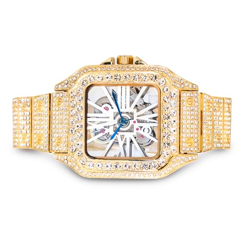 Techno Pave Men's 45mm Square Iced Diamond Watch - Fully Iced Case & Roman Dial - Bling-ed Out Adjustable Band - 14k Gold, Silver, Two-Tone, Gun Finish - Watch & Bracelet Sets Options