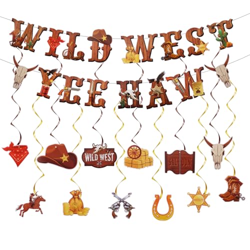 Décorations de Fête de Cow-Boy Western, Wild West Bannière avec Tourbillons Suspendus Yee Haw Bannière Thème Western Décor de Fête Rodéo pour Garçons...