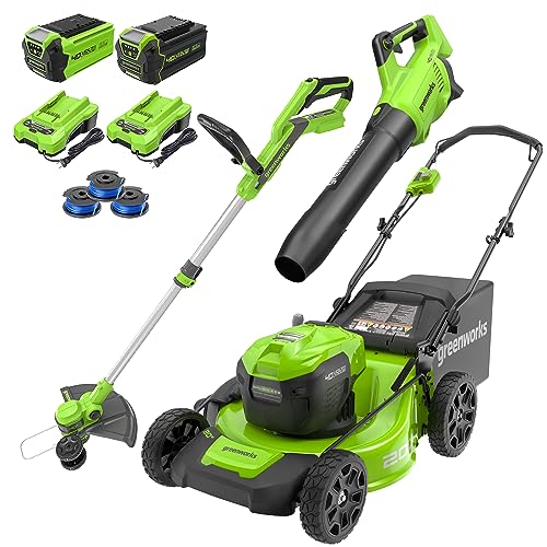 Greenworks 40V 20' Cordless Lawn Mower (Push), Axial Leaf Blower (500 CFM / 120 MPH),12' String Trimmer with 2 Batteries(5Ah+2Ah) and Chargers