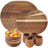16 Pcs Acacia Wood Dinnerware Set, Includes 4 pcs 9.8-in Round Plates, 4 pcs 7.9-in Round Plates, 4 Solid Wood Bowls, and 4 Tea Cups, Easy to Clean & Lightweight, Perfect for Meals, Snacks & Desserts