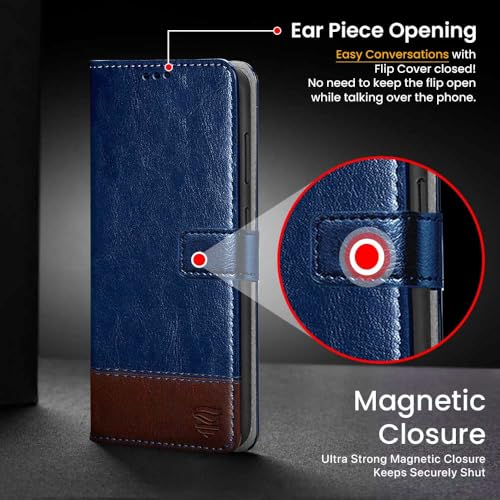 Image of FLIPPED Vegan Leather Flip Case Back Cover for Samsung Galaxy S25 5G (Flexible, Shock Proof | Hand Stitched Leather Finish | Card Pockets Wallet & Stand | Blue with Brown)