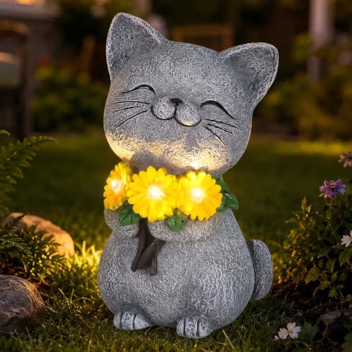 mocosa Solar Garden Outdoor Statues Cat with Daisy and LED Lights
