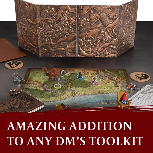 Image of DND DM Screen 5e - D&D Dungeon Master Screen 3D Faux Leather with Customizable Inserts - Dungeons & Dragons GM / Game Master Accessories Gift for Man or Woman. Hide Dice Rolls, Maps & Books (Bronze).