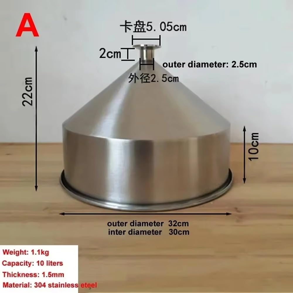 Embudo Cervecero Sanitario INOX 304, 10L 30cm ID Grueso para Dosificación Polvo de Grano, Uso Alimentario (1 Pieza)(A)