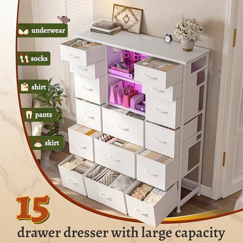 EnHomee 51" H White Dresser with 15 Drawers Dresser for Bedroom with Charging Station & LED Lights & Hutch Sturdy Bedroom Dressers, Steel Frame, Wood Top, 51.2" H x 39.3" W x 11.8" D
