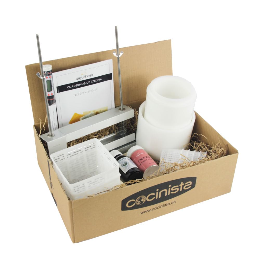 Cocinista Kit Premium para Hacer Queso en Casa con Prensa Regulable, Moldes y Fermentos Incluidos, Termómetro con Sonda y Tela de Quesero, Recetario para Queso Fresco, Burgos, Prensado y Azul