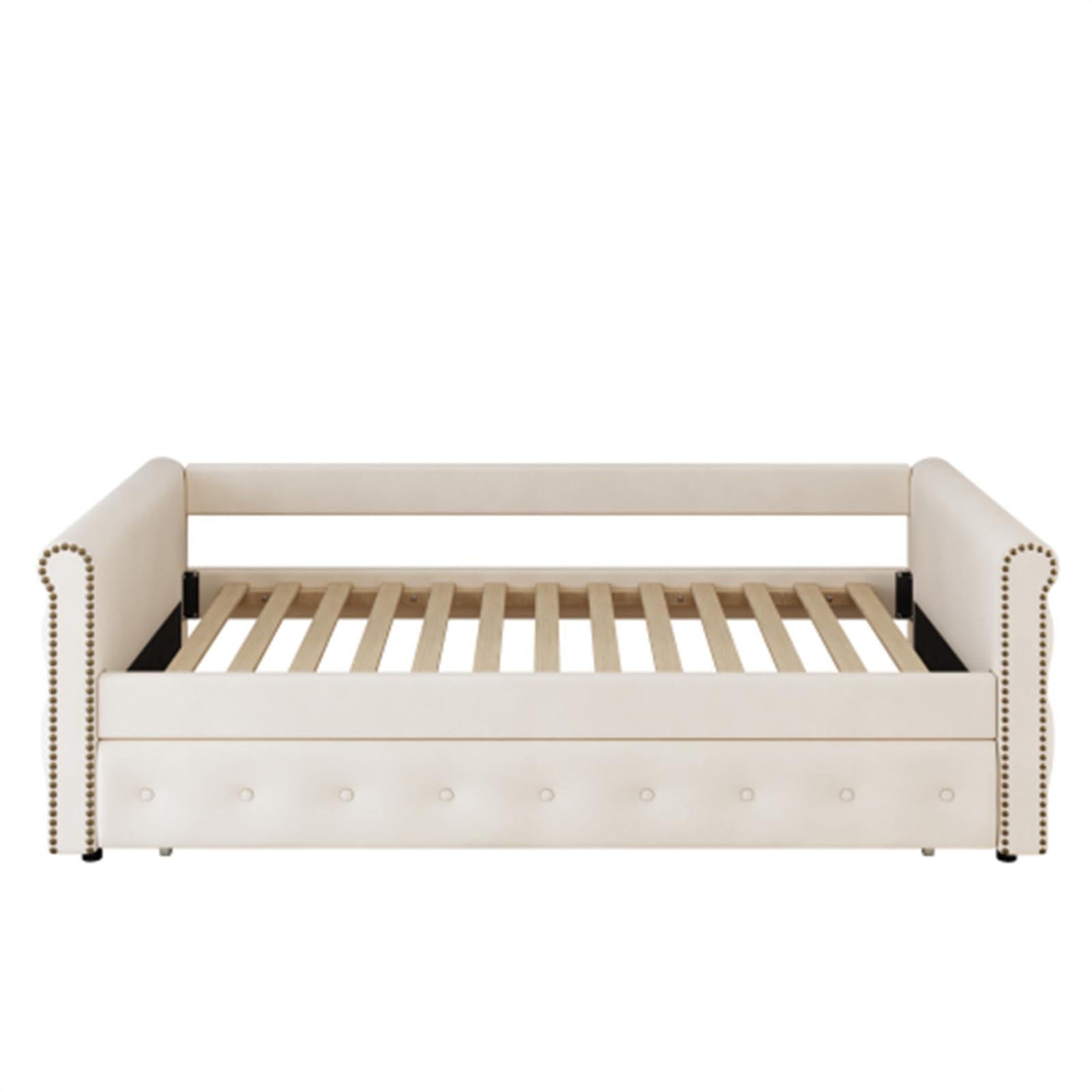 Cama nido tapizada con marco de listones de madera, cama juvenil, cama infantil, cama de invitados (beige + 90 x 200)